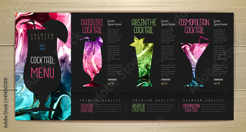 Cocktail menu design with alcohol ink texture. Marble texture background. Set of cocktail glasses