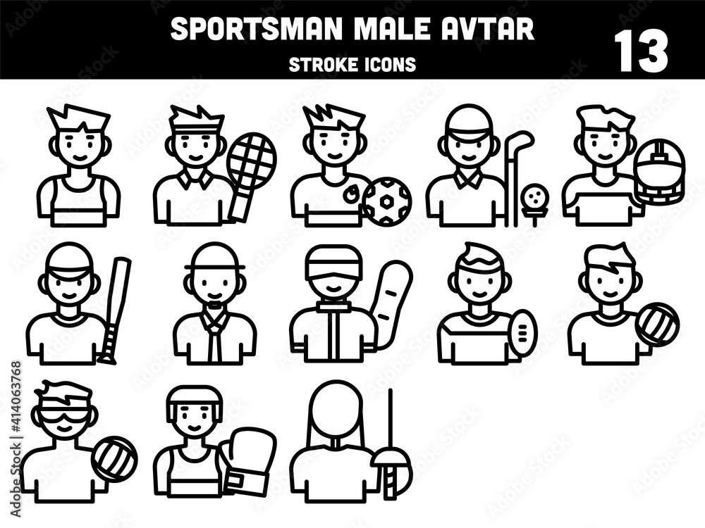 Stroke Style Sportsman Male Character Icons Or Symbol.