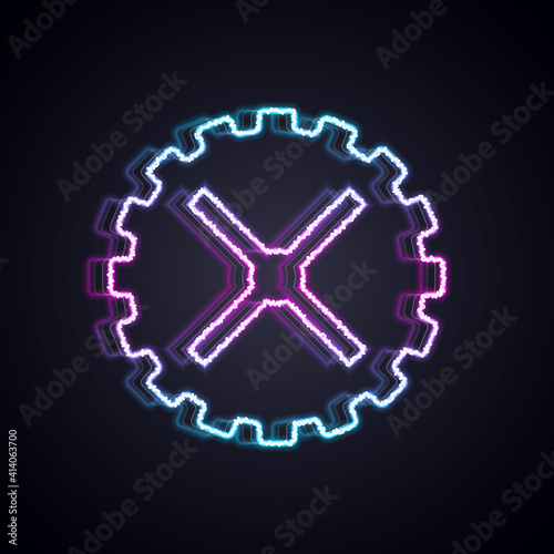 Glowing neon line Bicycle sprocket crank icon isolated on black background. Vector.