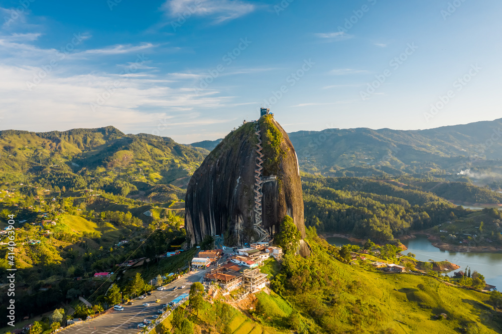 Aerial View Of Piedra Del Penol Touristic Attraction A Huge Rock With Steps To The Top Near 9715