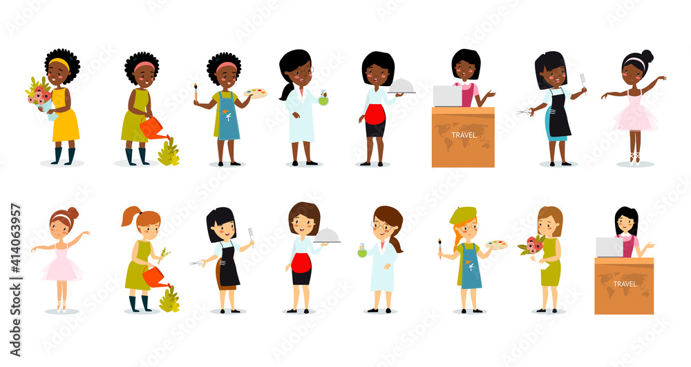 Big set of female professions. Florist, gardener, farmer, artist, scientist, chemist, laboratory assistant, travel agent, hairdresser, ballerina, dancer. African American woman. Women's work.
