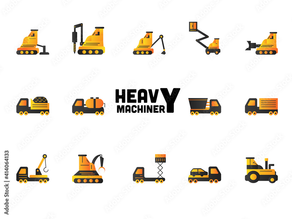 Set Of Heavy Machinery Icons In Gray And Yellow Color.