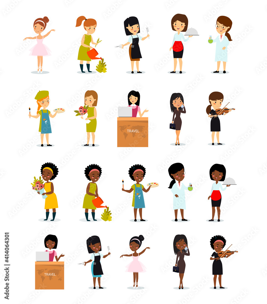 Set of female professions. Florist, gardener, farmer, artist, scientist, chemist, laboratory assistant, travel agent, hairdresser, ballerina, dancer. African American woman. Women's work.
