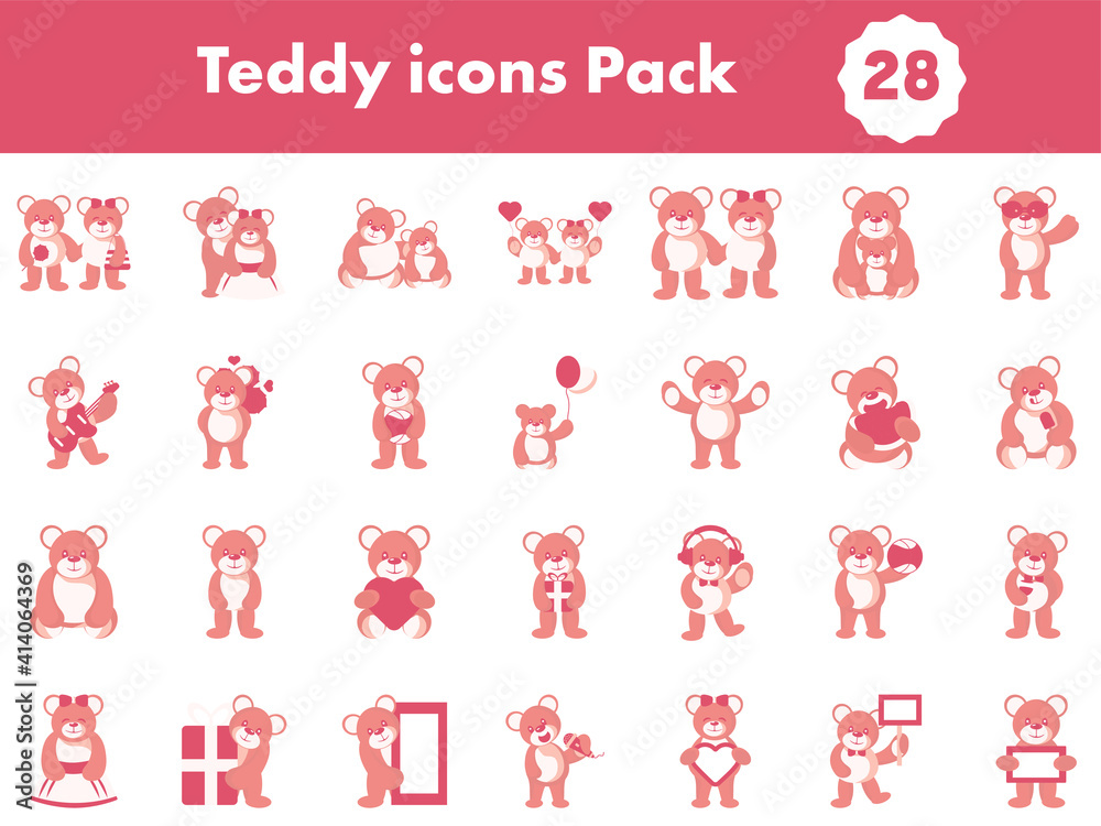 Illustration Of Teddy Bear Icon Set In Red Color.