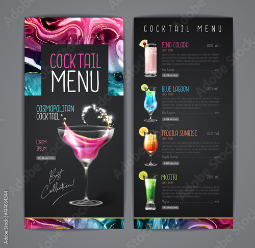 Cocktail menu design with alcohol ink texture. Marble texture background.