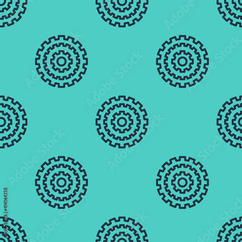Black line Bicycle cassette mountain bike icon isolated seamless pattern on green background. Rear Bicycle Sprocket. Chainring crankset with chain. Vector.