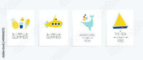 Vector set of posters "hello summer". Summer illustrations. Postcards.
