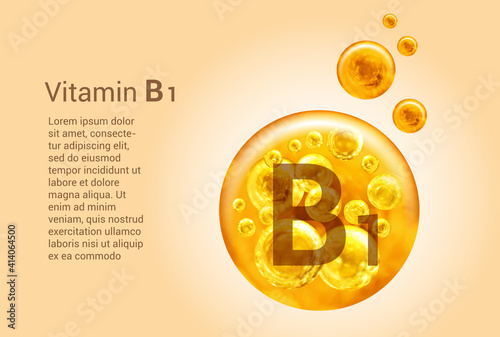 Vitamin B1. Baner with vector images of golden balls with oxygen bubbles. Health concept.