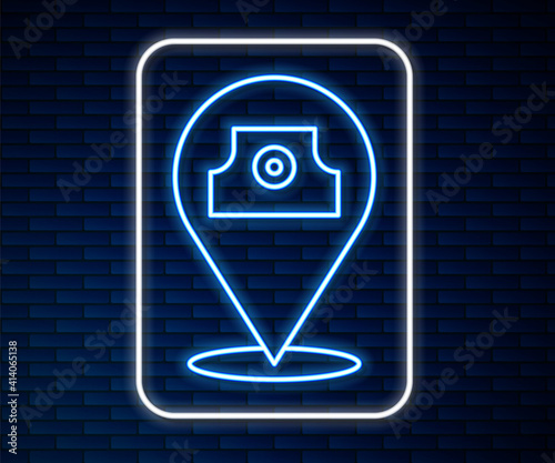 Glowing neon line Paint spray can icon isolated on brick wall background. Vector.