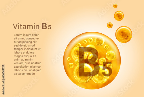 Vitamin B5. Baner with vector images of golden balls with oxygen bubbles. Health concept.
