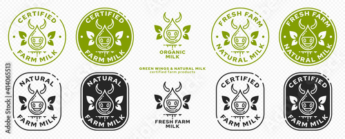 Concept for product packaging. Labeling - natural farm milk. Milk drop icon cow with leaf wings. Natural organic products symbol. Vector set.