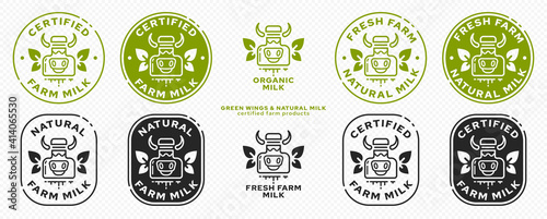 Concept for product packaging. Labeling - natural farm milk. Milk can - cow with leaf wings. Natural organic products symbol. Vector set.