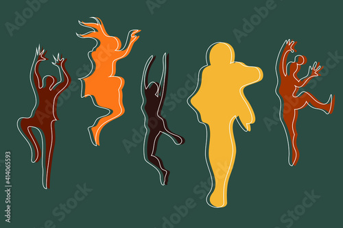 Cute silhouettes of abstract characters in jump with hands up. Afro or sport free style. Flat and minimal design with offset of white outline. Dynamic shapes. Motivation, happiness and success.	

