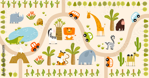 Tropical maze with animals in safari park. Cartoon tropical animals. African animals. Road in a safari park. Game for children. Children's play mat.  © olga