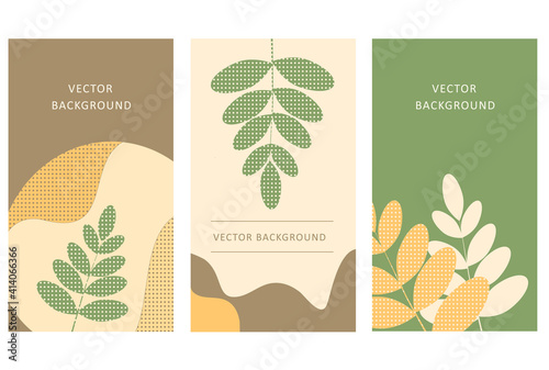Vector set of abstract backgrounds with leaves and abstract shapes. Suitable for design Social Media, banners and other. Vector illustration. Stories template