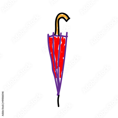 Red umbrella isolated on white background. in a deliberately childish style. Child drawing. Sketch imitation painting felt-tip pen or marker. Icon on white background. Vector illustration