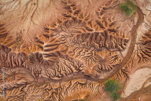 Aerial view of a beautiful rock formation with canyons near Villavieja, Colombia.