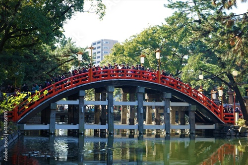Crowd of people standing in a queue on Taikobashi bridge of Sumiyoshi jinja (Sumiyoshi-Taisha) in Osaka prefecture, Japan, before pandemic - 摂津国一之宮 住吉大社 (住吉神社) 太鼓橋(反橋) 大阪 日本