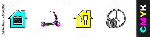 Set Online ordering and delivery, Scooter, and Round the clock icon. Vector.