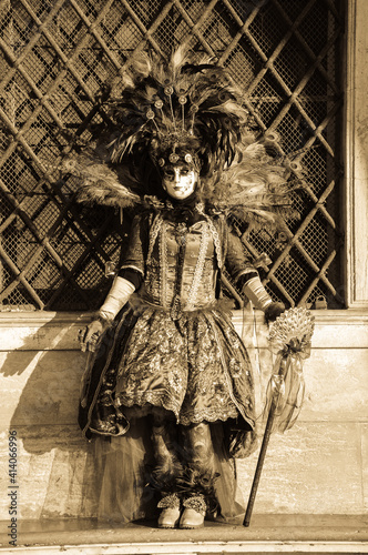 Peacock mask in sunlight near Doge's Palace in St Mark's Square at traditional Carnival in Venice, Italy. Sepai historic photo photo