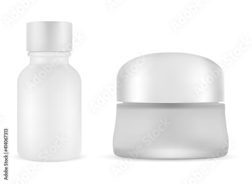 White cosmetic cream jar. Serum vial blank set. Matte glass butter packaging container with plastic cap. Matt foundation bottle, silver cap. Scrup flacon, bath, skin care. Powder jar isolated