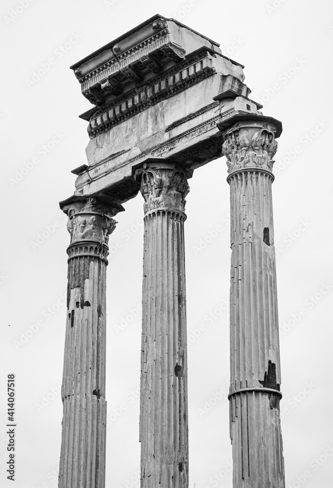 Black and white photographs of historic Roman columns and architecture