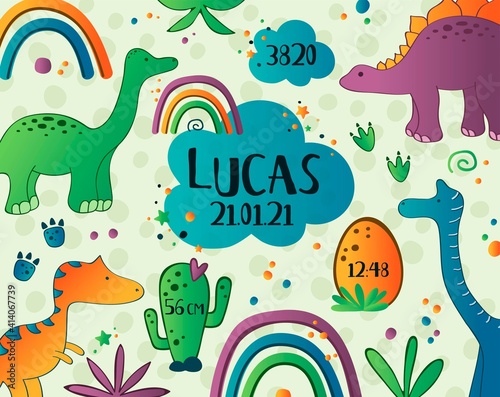 Baby Shower poster. Newborn metric for children bedroom. Vector illustration with dinosaurs.