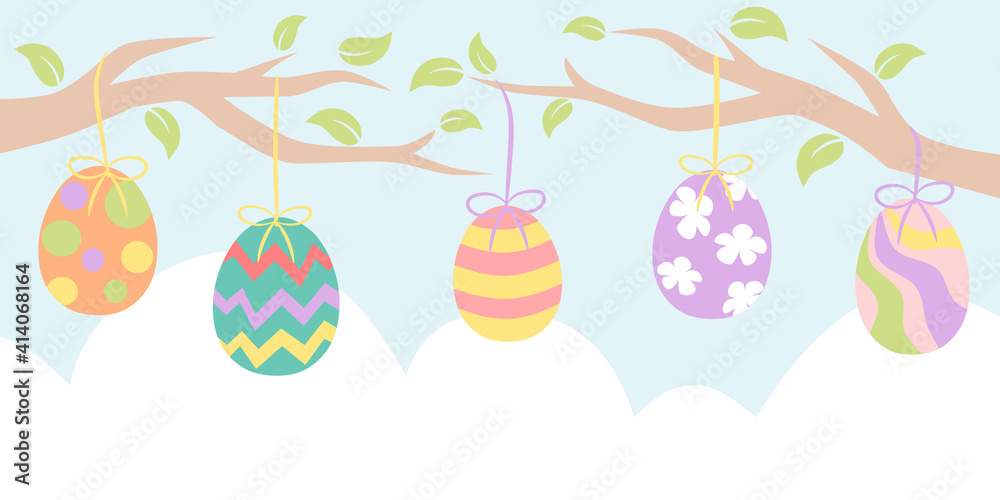 Easter banner with painted egg hanging from tree branches