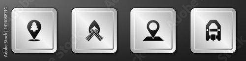 Set Location of the forest, Campfire, and Rafting boat icon. Silver square button. Vector.