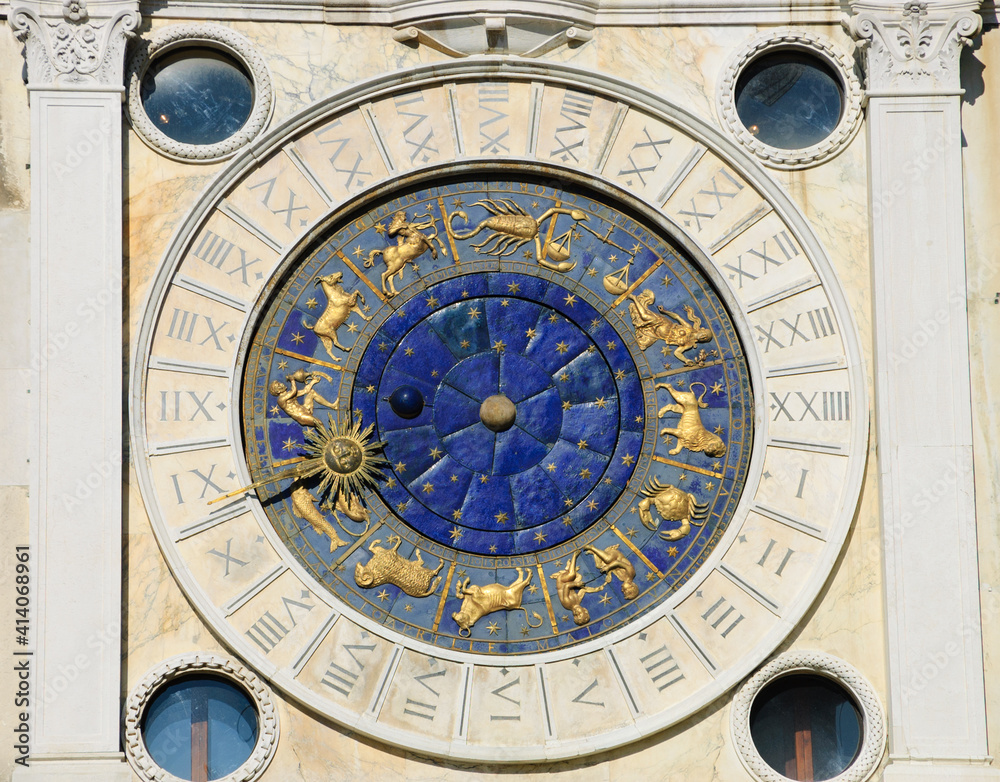 St Mark's Clock with Zodiac signs. Piazza San Marco in Venice, Italy.  Closeup.