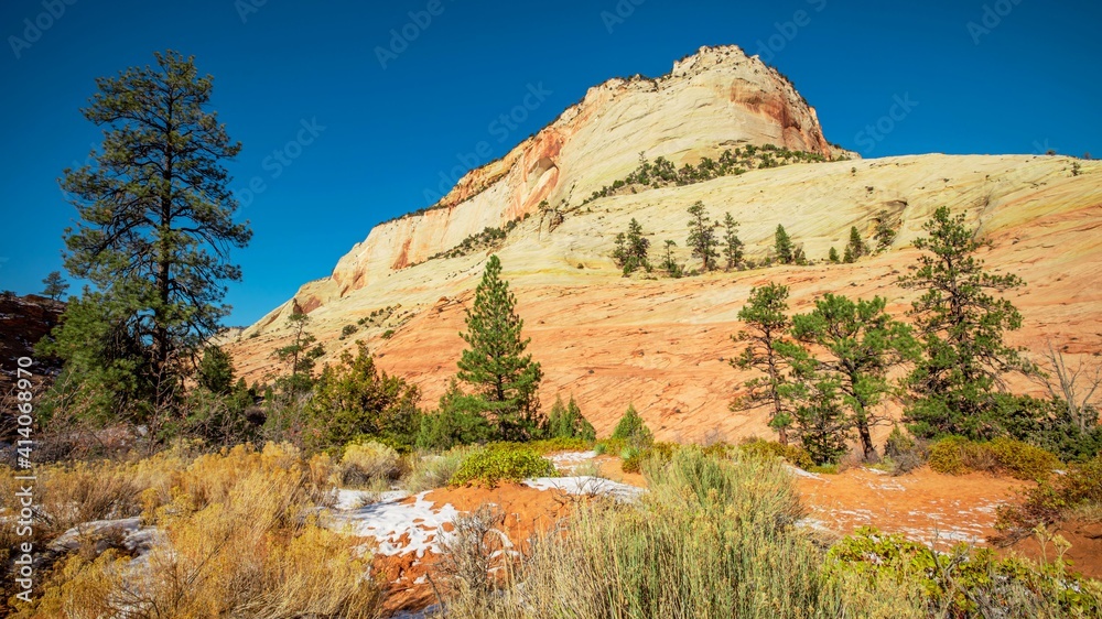 Beautiful landscapes, views of incredibly picturesque rocks and mountains in Zion National Park, Utah, USA