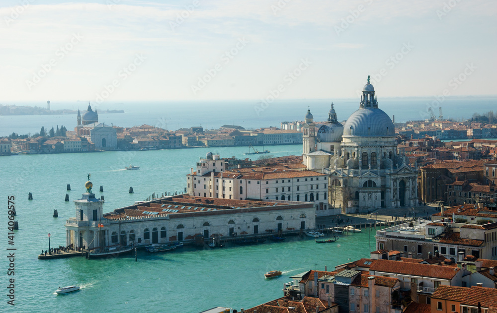 Venetian lagoon view with Basilica di Santa Maria della Salute (Basilica of Saint Mary of Health). Venice, Italy