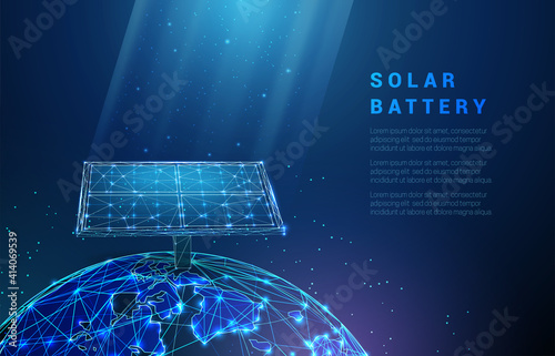 Abstract blue solar battery on planet earth, panel, renewable energy