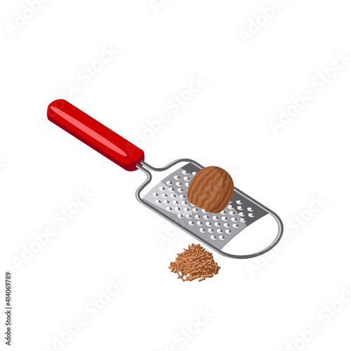 Grating nutmeg nut. Vector illustration of cartoon flat icon isolated on white background.