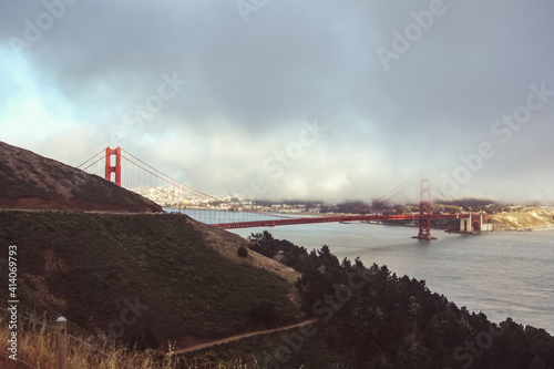 Panoramic shot of the famous Golden Gate Bridge on a foggy San Francisco day, California United states of America aka USA