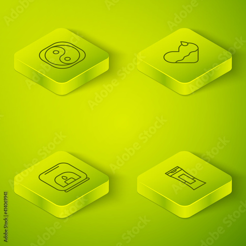 Set Isometric Heart heal, Aroma lamp, Bottle of shampoo and Yin Yang icon. Vector.