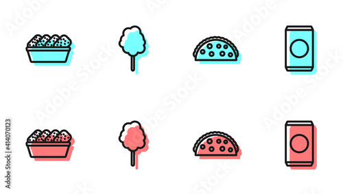 Set line Taco with tortilla, Chicken nuggets in box, Cotton candy and Soda straw icon. Vector.