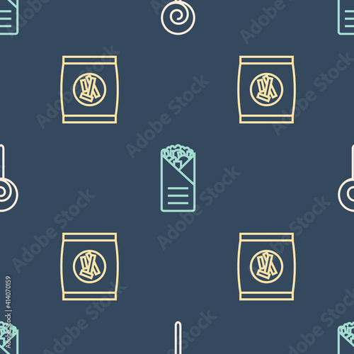 Set line Lollipop, Hard bread chucks crackers and Doner kebab on seamless pattern. Vector.