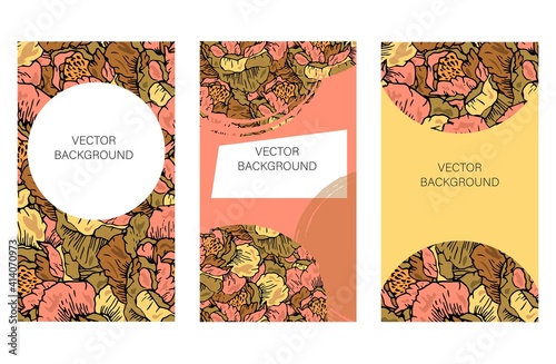 Template for social media, stories in romantic style, floral and abstract vector backgrounds with peonies