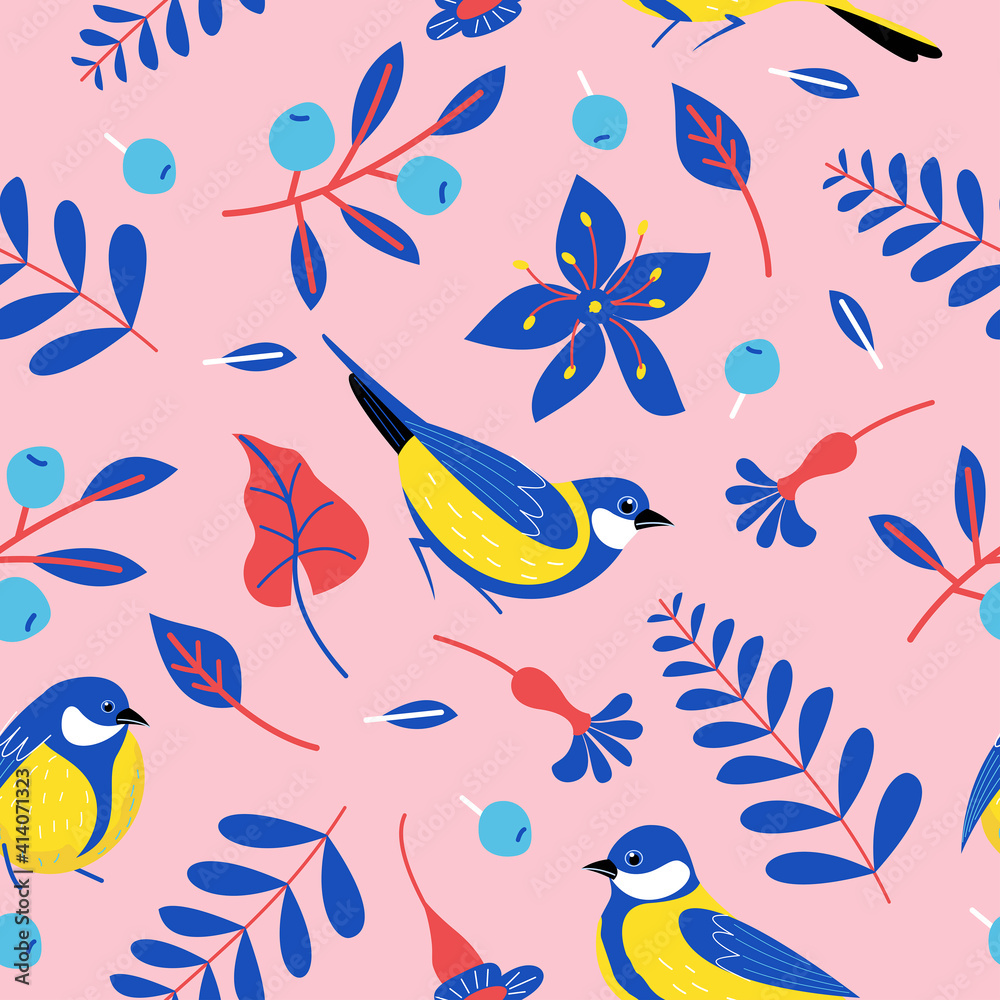 Seamless patterns with birds, flowers, leaves and berries. Vector illustration. Seamless patterns with birds, flowers, leaves and berries. Vector illustration.