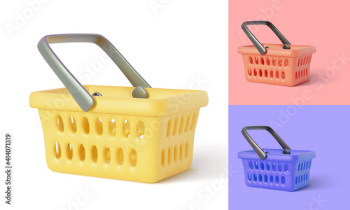 Collection of empty shopping basket. Online store. Realistic shopping cart isolated on white background. Vector illustration