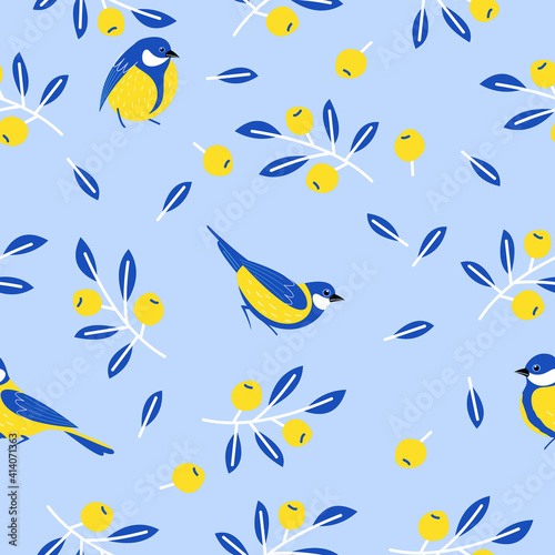 Seamless patterns with birds, flowers, leaves and berries. Vector illustration. © katedemian