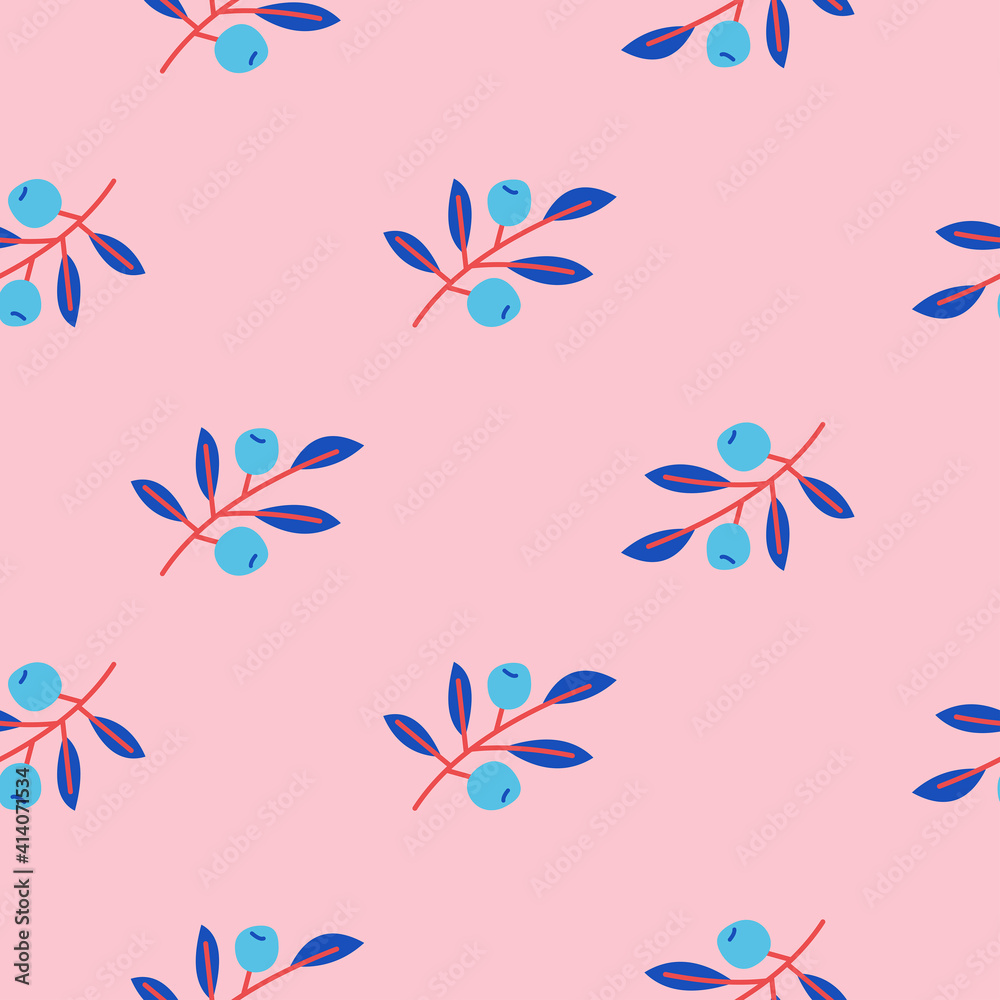 Cute floral seamless pattern with branches and berries.  For printing on paper, textiles of all sizes. Vector illustration.