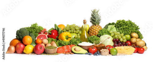 Different food products on white background. Healthy balanced diet