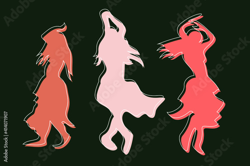 Abstract elegant illustration of feminine dance. Three fictional female characters dance together in different poses. Angular and amorphous figures in muted colors of brown, pink and green.