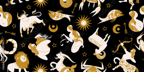 The signs of the zodiac, cosmic, esoteric symbols on a black background. Seamless pattern. Vector illustration.