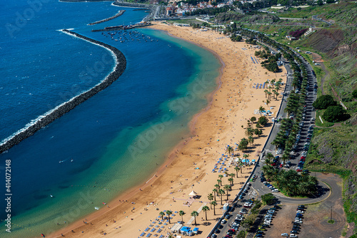 Aerial view of Las Teresitas beach, in a sunny day, Santa Cruz. Tenerife. Canary Islands. © linohoracio