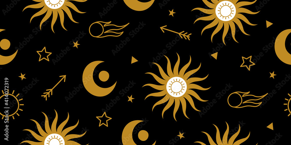 Stars, comets, planets on a black background. Vector illustration.