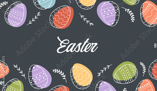 Festive banner frame template with trendy outlined geometric pattern on Easter Eggs. Decorative horizontal stripe from eggs with leaves on dark black color background. Vector border for holiday sale.
