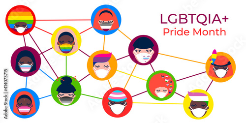illustration with people of different nationalities in medical face masks keeping distance. LGBTQ Pride Month. Coronavirus pandemic. Covid-19